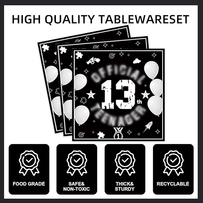 123pcs 13th Party Decorations,13th Silver Black Birthday Banner,Flags,Paper,cups,Straws,Forks,Cake Toppers,Dessert plates,Tablecloths and dinner plates,Officially a Teenager 13th Birthday Supplies