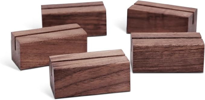 UNIQOOO 5 Pack Place Card Holders | Rustic Walnut Wood Escort Cards Display Stands | Table Number Sign & Photo Stand | Perfect for Retail Shop Cafe Home Wedding Dinner Party Events Decoration