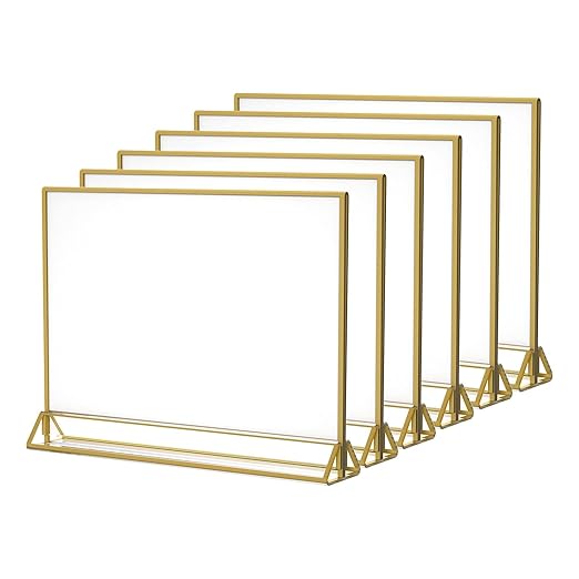 NIUBEE 6Pack 11 x 8.5 Acrylic Sign Holder with Gold Frames and Vertical Stand, Ideal for Display Wedding Table Numbers, Double Sided Picture, Clear Photos, Menu Holders -Horizontal