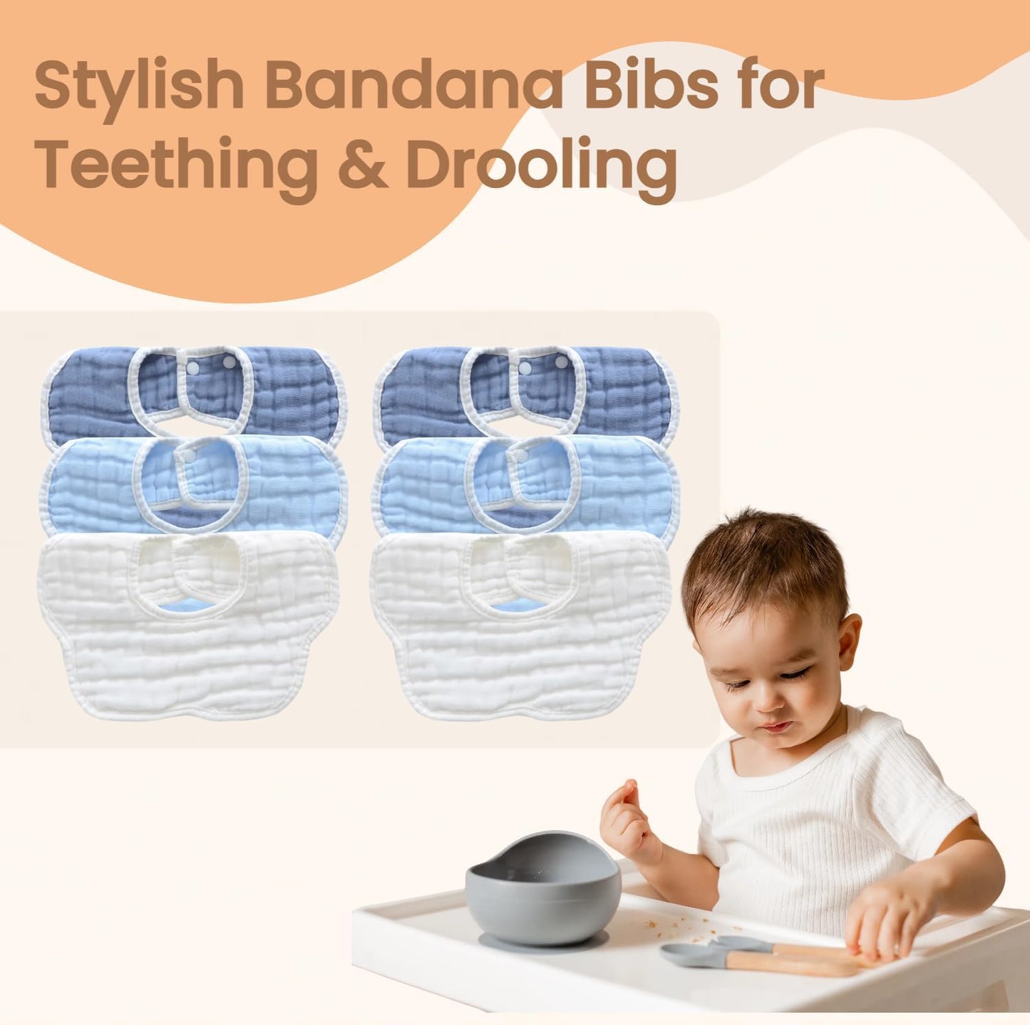 MUKIN Baby Drooling Towel, Snap Bibs, Muslin Bibs, 6 Pack, Adjustable, Soft Cotton