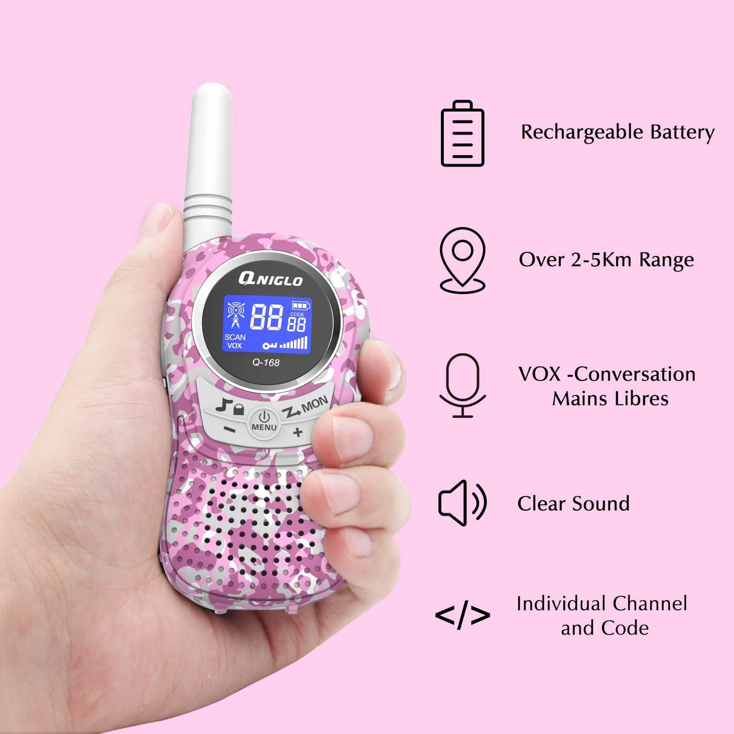 Qniglo Walkie Talkies for Kids - Rechargeable Kids Walkie Talkies with Clear Sound, Long Range - Perfect Birthday for 3-8 Year Old Boys Girls - Outdoor Adventures, Camping, Hiking