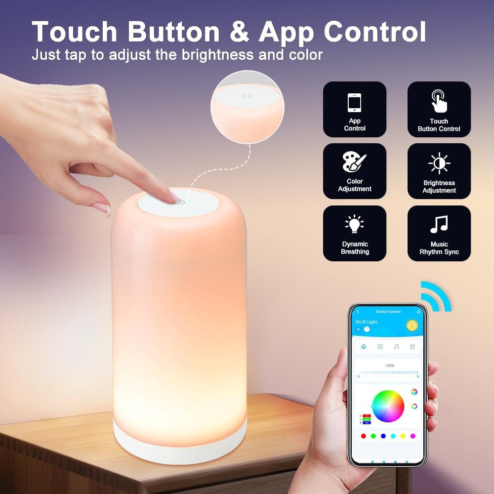 Dimmable Touch Night Light - 7 Brightness & 13 RGB Colors, Portable Bedside Lamp, Touch & App Control, Smart LED Lamp for Nursery, Reading, Decor