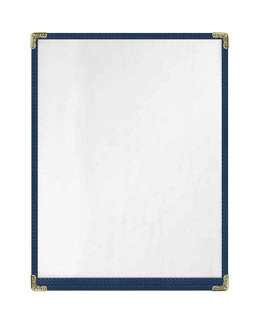 Goodsmart Restaurant Menu Covers – 25 Pack Blue 2-View, Top-Loading Menu Holders, Vinyl & Plastic Café Menu Covers, Clear Menu Sleeves, Fits 8.5" x 11", Leather-Style Design, Gold Corners
