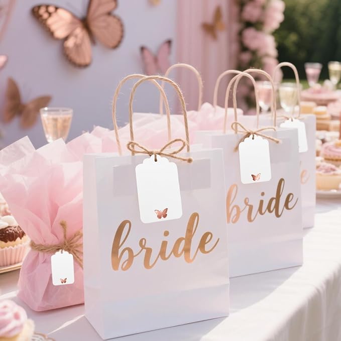 100Pcs Blank Gift Tags with String, Foil Rose Gold Butterfly Large Gift Tags with 65 Ft Jute Twine Cute Tags White Paper Gift Tag for Birthday Baby Shower Wedding Spring Summer Gift Wrap Tag