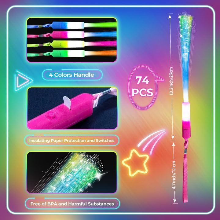 74 PCS Glow Fiber Wands Sticks, LED Light Wands, Glow in The Dark Party Supplies, Fiber Optic Wands, LED Flashing Sticks, Fiber Optic Light Wand Stick for Party, Wedding,Halloween and New Year