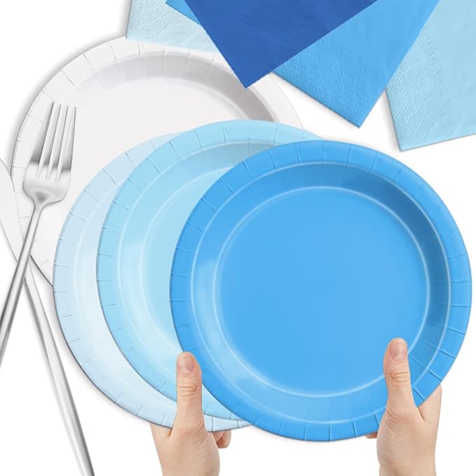 CMUSKO 150Pcs Blue Plates and Napkins-Light Blue Party Supplies Gradient Blue Disposable Tableware Serves 50 for Birthday,Baby Shower,Wedding