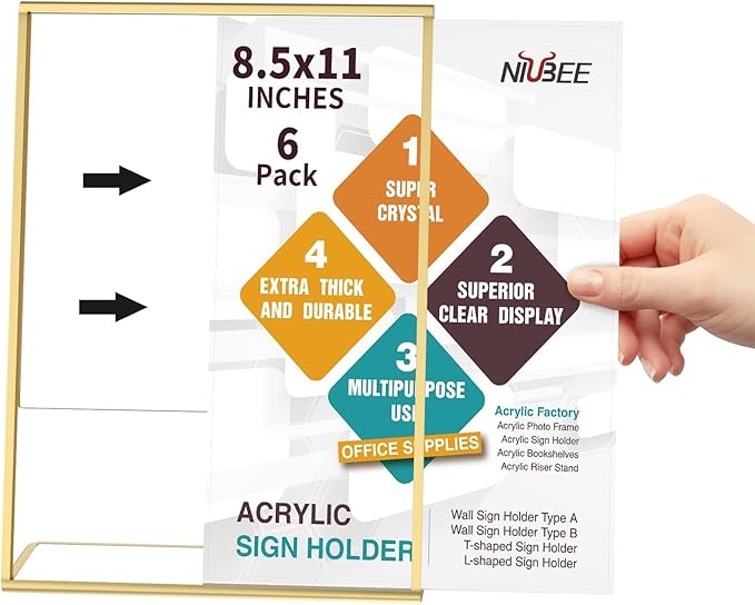 NIUBEE 8.5 x 11 Gold Frames, 6 Pack Acrylic Slanted Back Gold Picture Frames for Signs, Menu, Flyer and Art Display, Perfect for Wedding, Party, Event, Shop