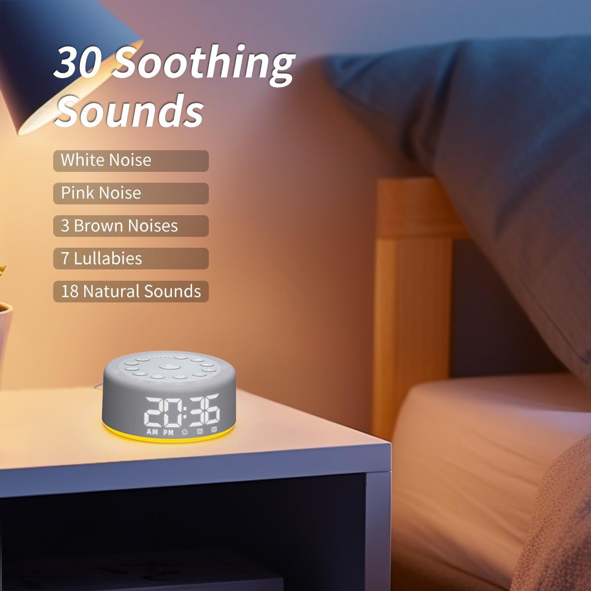 Upgraded 【3 in 1】 White Noise Sound Machine Alarm Clock Night Light with Double Alarms Backup Battery 30 Sleeping Sounds for Baby Kids Adults 32 Level Volume 5 Timers Memory Function 15 Wake Up Sounds