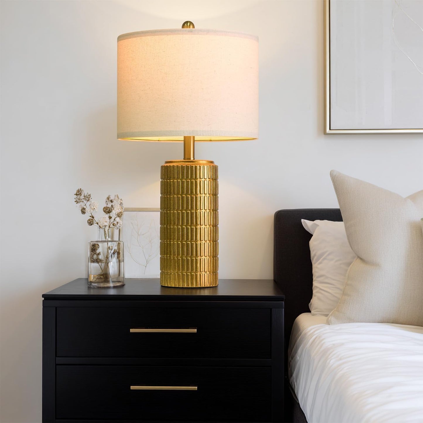 PoKat 23" Brass Gold Ceramic Table Lamps for Living Room, Retro Warm Gold Lamps for Night Stands, Vintage Bronze Decorative Lamps for Bedroom, Antique Gold Brown Nightstand Lamps for Home Decor