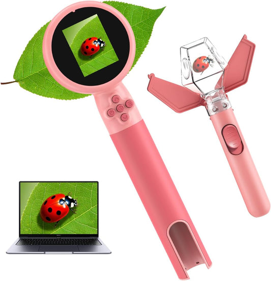 Kids Microscope with Bug Catcher Kit, 1080P Digital Mini Handheld Microscope STEM Science Toy with LED Light, Rechargeable, Portable, Supports 64GB TF Card, Educational Gift for Kids Ages 3-12 (Pink)