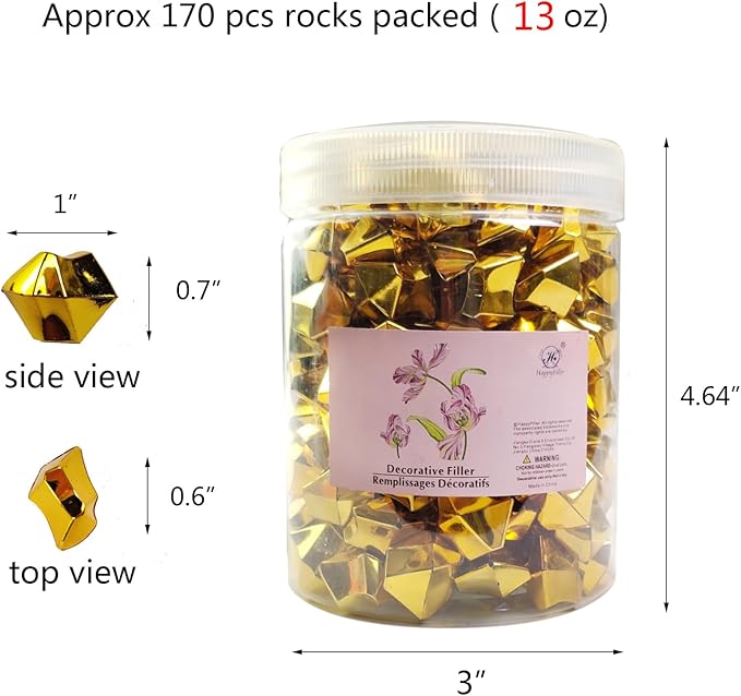 HappyFiller Fall Christmas Decoration Fake Gold Nuggets Faux Ice Rocks Cubes Acrylic Gems Pirate Treasure Gems,Gold Vase Fillers,Wedding Table Scatters,Crafts,Home Accents,13 OZ