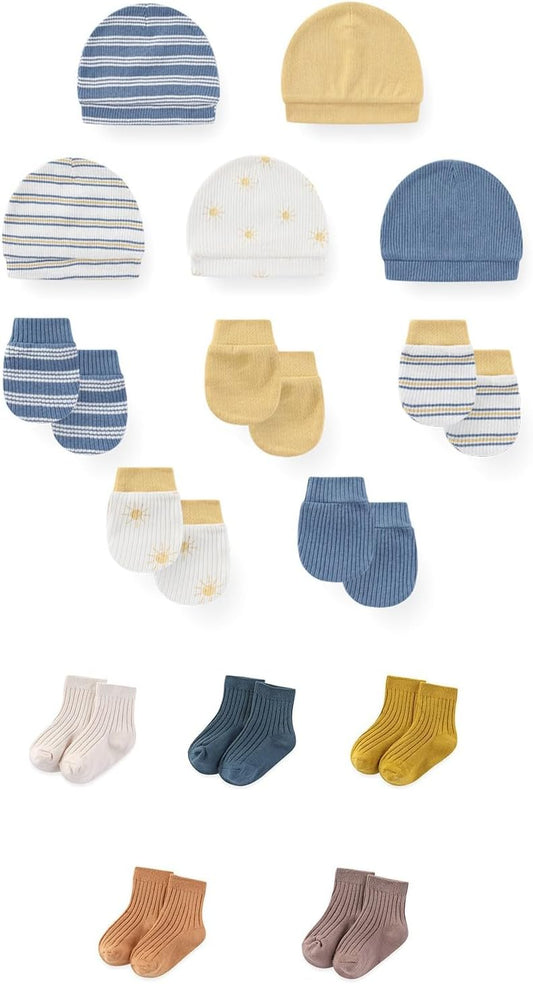 15 Pack Unisex New Born Boy Girls No Scratch Mittens Sets Cotton Soft Baby Gloves Hats socks Accessory 0-6 Months