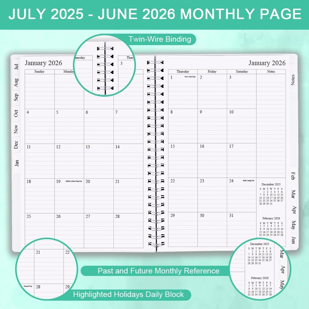 2025-2026 Planner - Weekly & Monthly Planner Runs Jul 2025 to Jun 2026, 6.25" x 8.25", 12 Monthly Tabs, 14 Notes Page, Plastic Pocket, Flexible Cover with Twin-Wire Binding, Planners 2025-2026