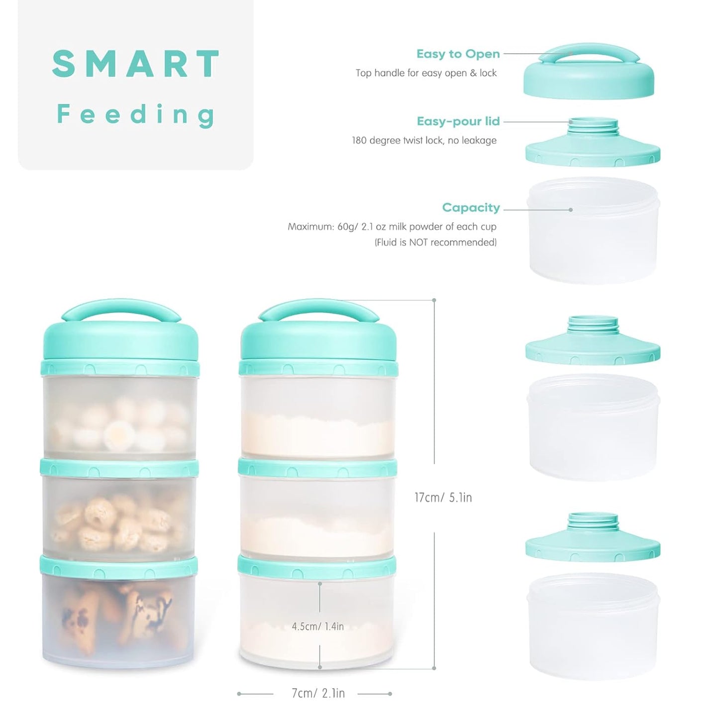 Termichy Stackable Formula Dispenser Portable Milk Powder Container, 2 Pack, Mint