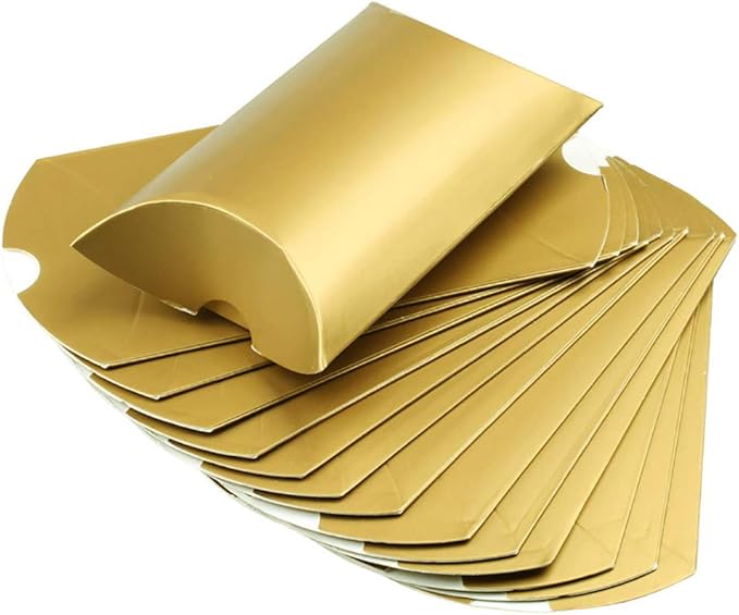 Aokbean 100 Pack Mini Pillow Candy Box Small Gift Boxes with 50 Yards Ribbon for Christmas Wedding Party Favor Gift, Jewelry or Soap Packaging (Gold)
