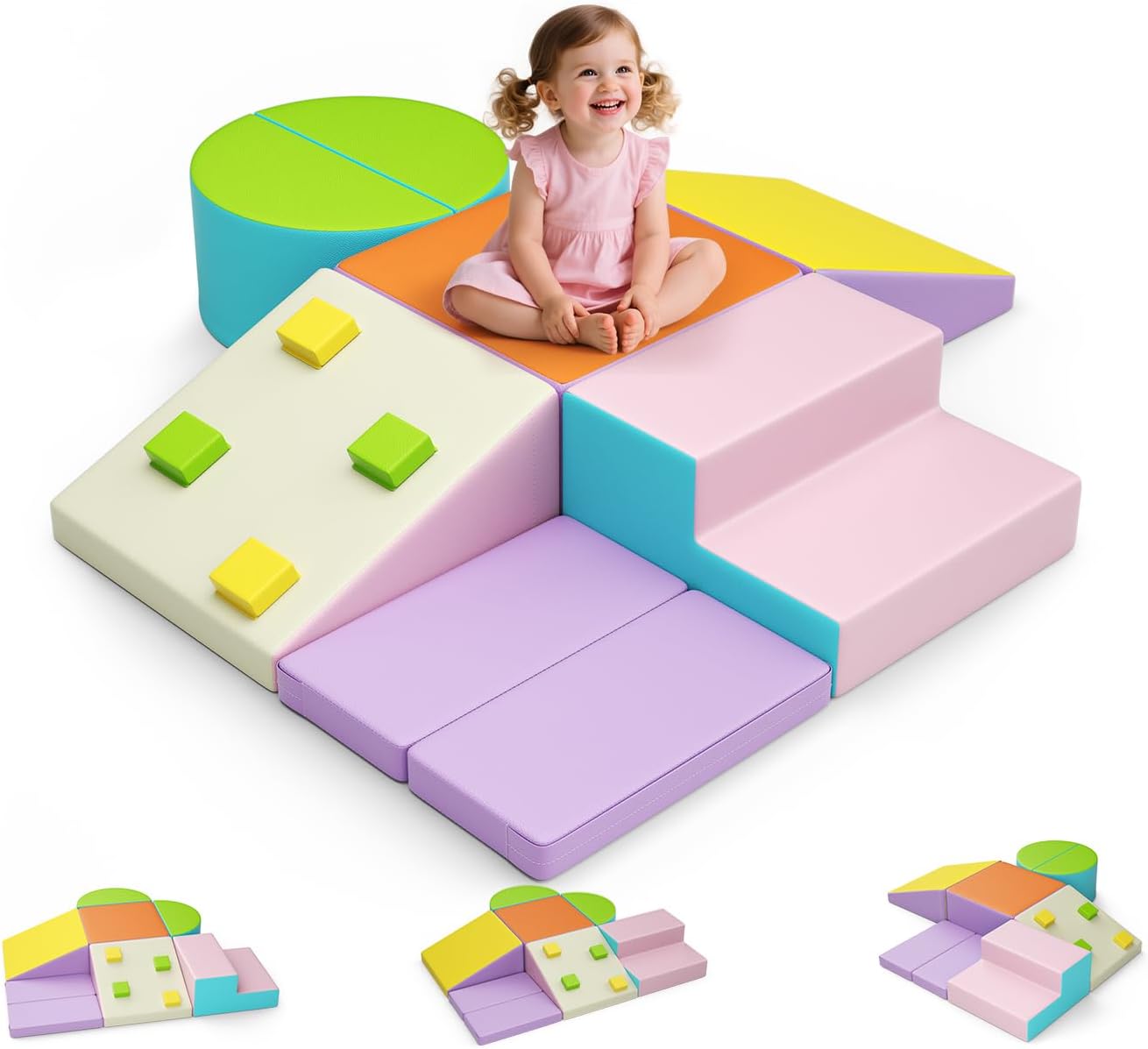Lischwert Foam Climbing Blocks for Toddlers 1-3, 7pcs Soft Play Set with Crawling Exploration Toys, Indoor Outdoor Infant Safe Blocks for Baby Gym Toddler Playground