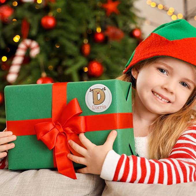 Personalized Christmas Name Stickers Xmas Decorations Initial Gift Stickers | 4 Initial Design | Custom Waterproof Cute Labels for Gift Box, Party Decorations, Envelopes | 30 Pcs ﻿