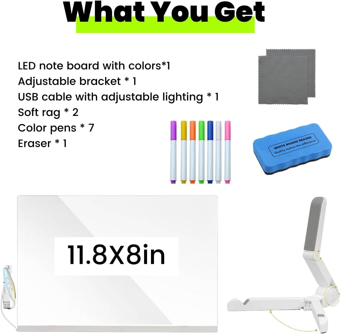 LED Note Board with Colors, 7-Color Acrylic Dry Erase Board with Light, 4 Dynamic Modes, 7 Markers and Eraser, LED Light-Up Memo Board for Kids, Home, Office, and Parties (11.8 * 8)