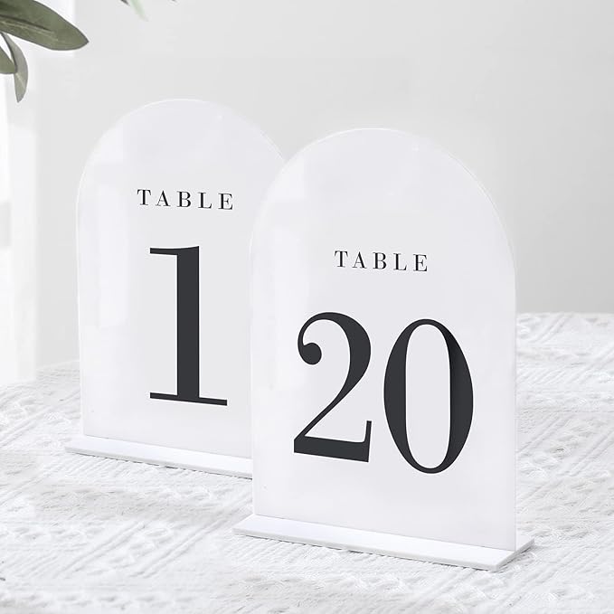 UNIQOOO White Arch Wedding Table Numbers with Stands 1-20, 5x7" Acrylic Signs and Holders, Perfect for Centerpiece, Reception, Decoration, Party, Anniversary, Event