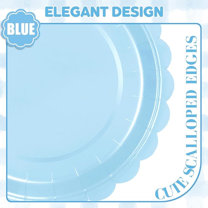 24 Pcs Light Blue Paper Plates 9 Inch Scalloped Dessert Plates - Disposable Light Blue Cake Plate - Baby Shower Birthday Party Wedding Bridal Party Supplies