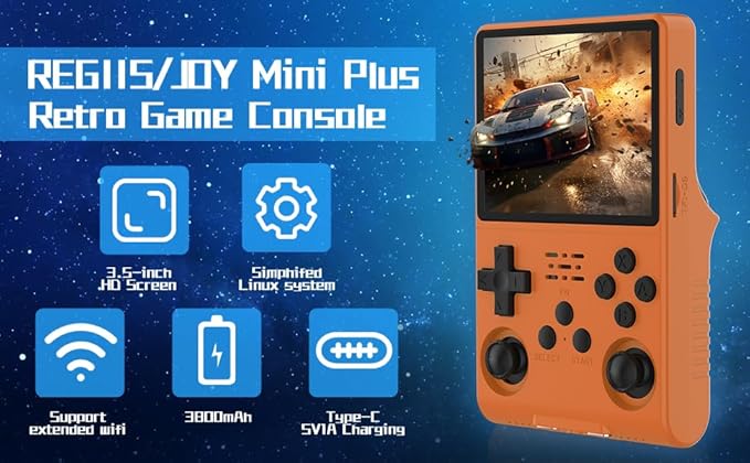 FVBADE[30000 in 1] R40S PRO Handheld Game Console 3.5 inch IPS Screen Mini Retro Console 3800mAh Portable Pocket Arcade 45+ Mainstream Emulator 256G TF Card Transparent.(Orange)