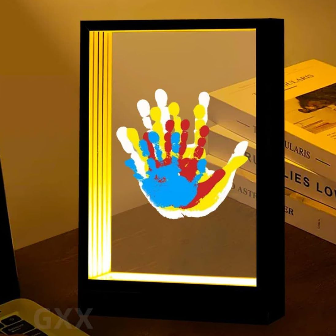CHERRY CHEERS Family Handprint Kit with Light, Handprint Keepsake Frame, Wooden Led Light, Easy Install, No Need Screw etc, Non-Toxic Paints (Black)