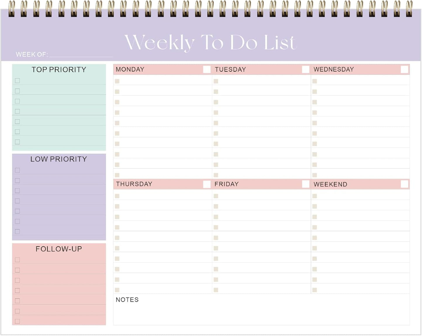 Weekly To Do List Notepad, Undated Planner with 52 Sheets (8.5''x11''), Desk Weekly Planner for Women & Man, Home School & Work (C-Lilac)