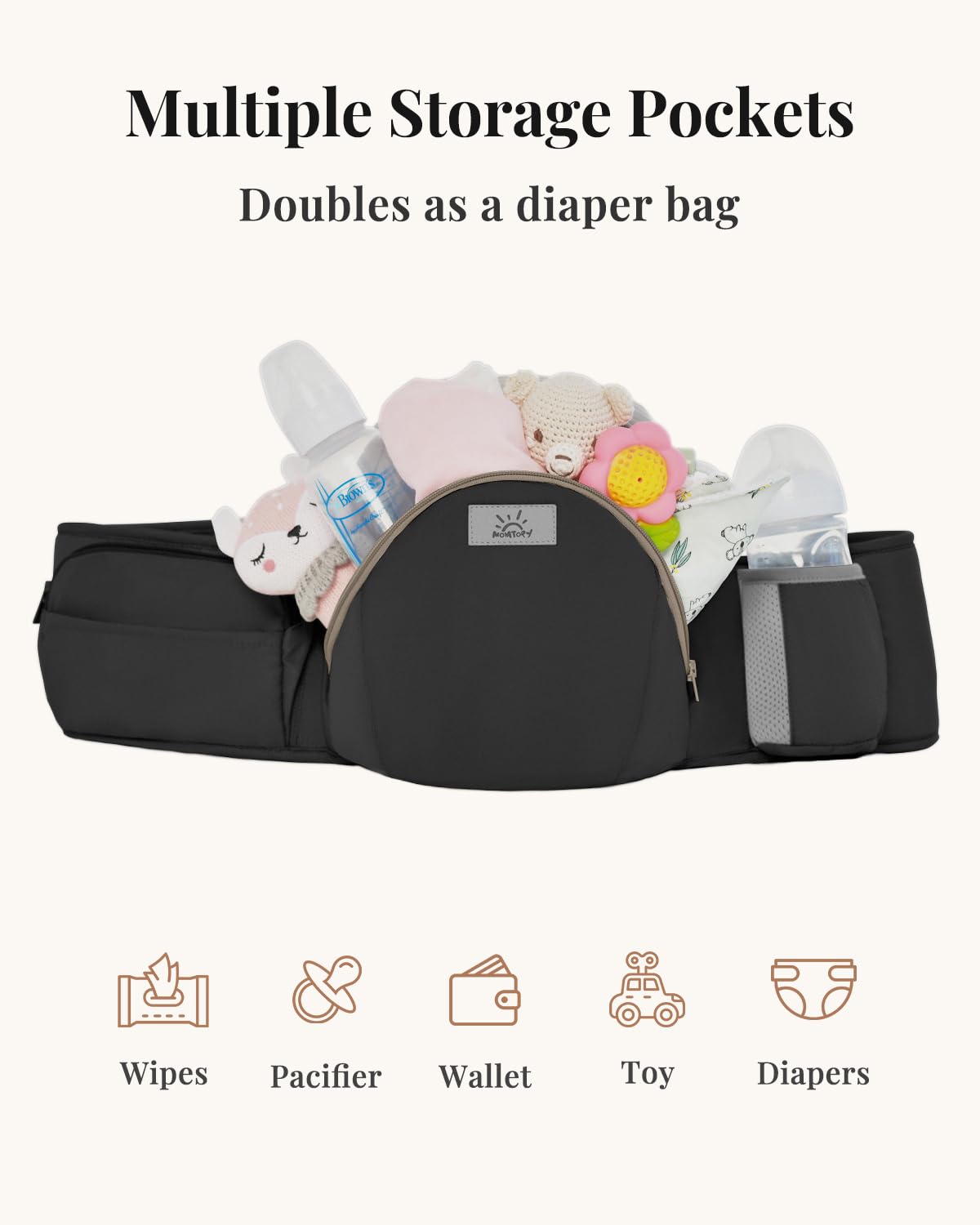 Baby Carrier Pro, MOMTORY Safety-Certified 6-in-1 Ultra Storage Baby Carrier Newborn to Toddler, Front & Back Baby Holder Carrier with Hip Seat, Pure Black