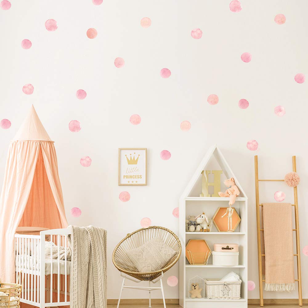 Pink Polka Dot Wall Decals 72 Pcs Watercolor Dots Wall Sticker for Kids Baby Girls Teens and Nursery Room (12 Sheets)