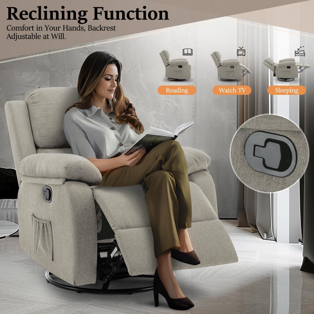 Recliner Chair, 360 Swivel Rocker Chair for Adults, Small Rocking Recliner Chair for Small Spaces, Upholstered Fabric Glider Recliner Nursery Chair with Side Pockets for Living Room, Nursery