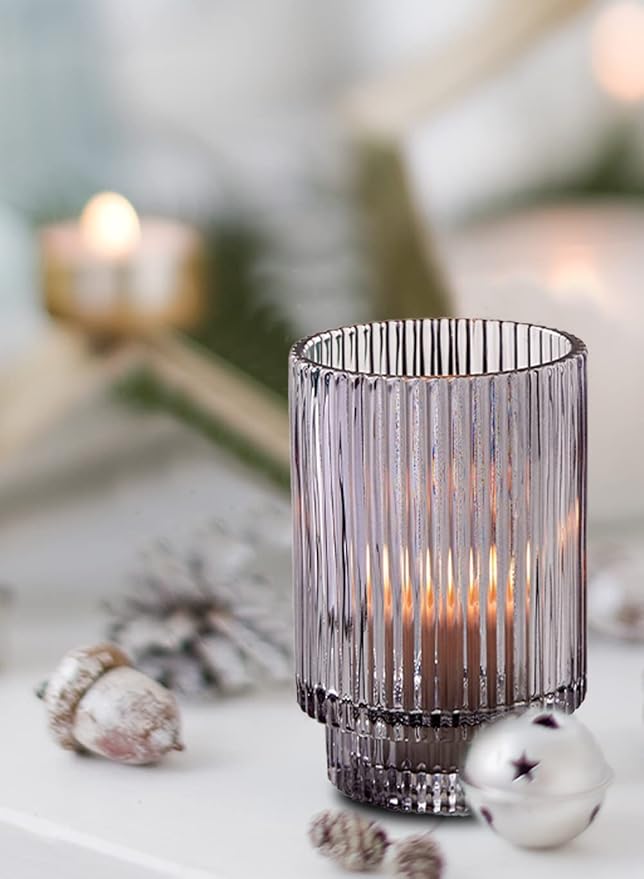 Serene Spaces Living Smoke Ribbed Glass Votive Holder, Perfect for Weddings and Home Décor, Measures 5" Tall and 3.25" Diameter