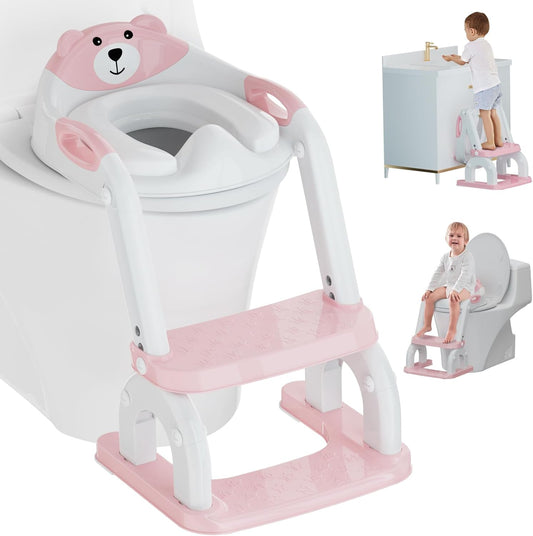 Potty Training Seat with Step Stool Ladder, Potty Training Toilet Seat with Soft Seat Splash Guard, Adjustable Height, 2 in 1 Potty Seats for Toddlers Kids Boys Girls