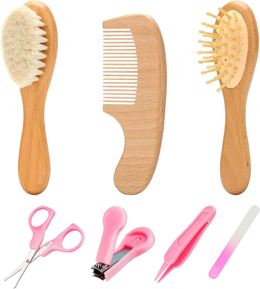Goat Baby Hair Brush Set, Wooden Comb Massage Scalp Comb, Safe Natural Hair Care Kit, Soft Silicone Bath Brush for Newborns Toddlers (Brush Set+ Massager)