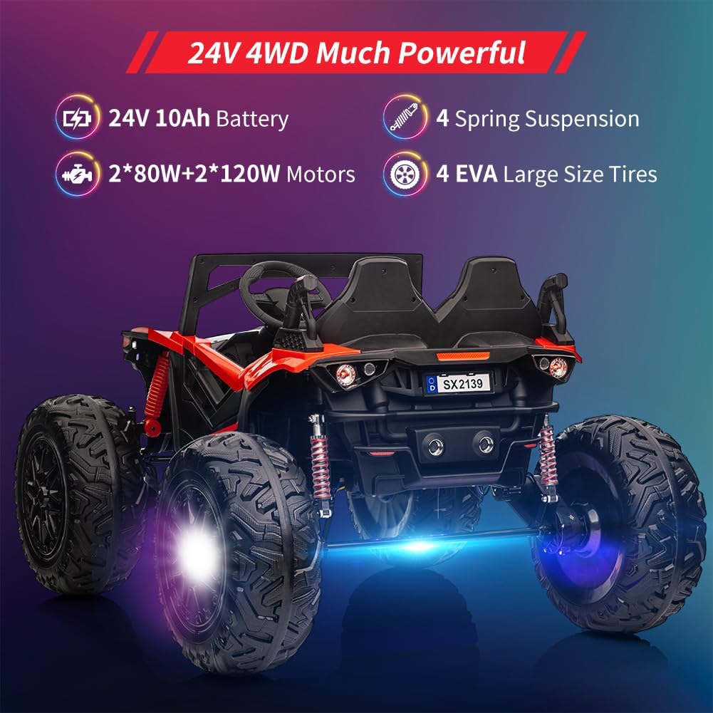 2 Seaters 24V Ride on UTV with Remote Control,10AH Battery, 400W Powerful Motors with 17" EVA Wheels, 20.5“ Seat Width Electric Ride Toy with Metal Suspension,LED Lights,Music,Horn (Red)