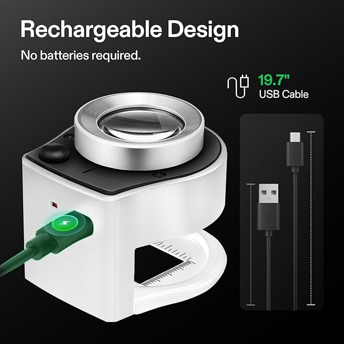 VIVOSUN 30X Rechargeable Loupe, Portable Mini Magnifier, Desktop Magnifying Glass with 3 LED & 3 UV Lights, for Jewelry, Gems, Watches, Coins, Stamps, White