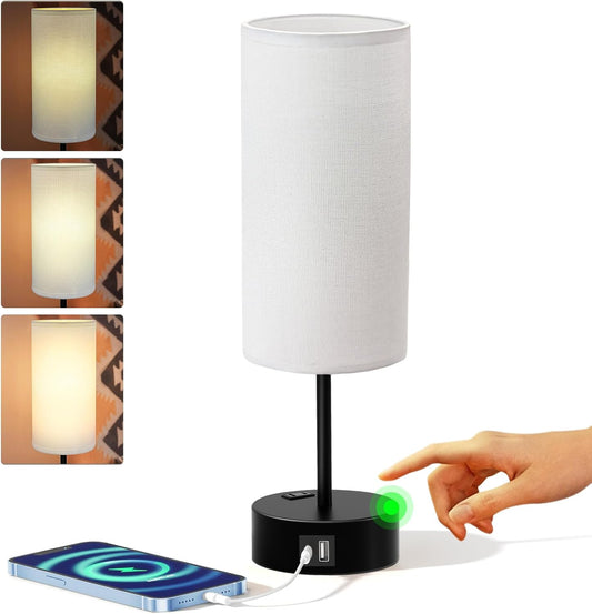 KPQ Small Bedside Lamp Touch Control Table Lamp with USB A+C Charging Ports & AC Outlet 3-Way Dimmable Nightstand Lamp with Linen Fabric Shade for Bedroom Living Room