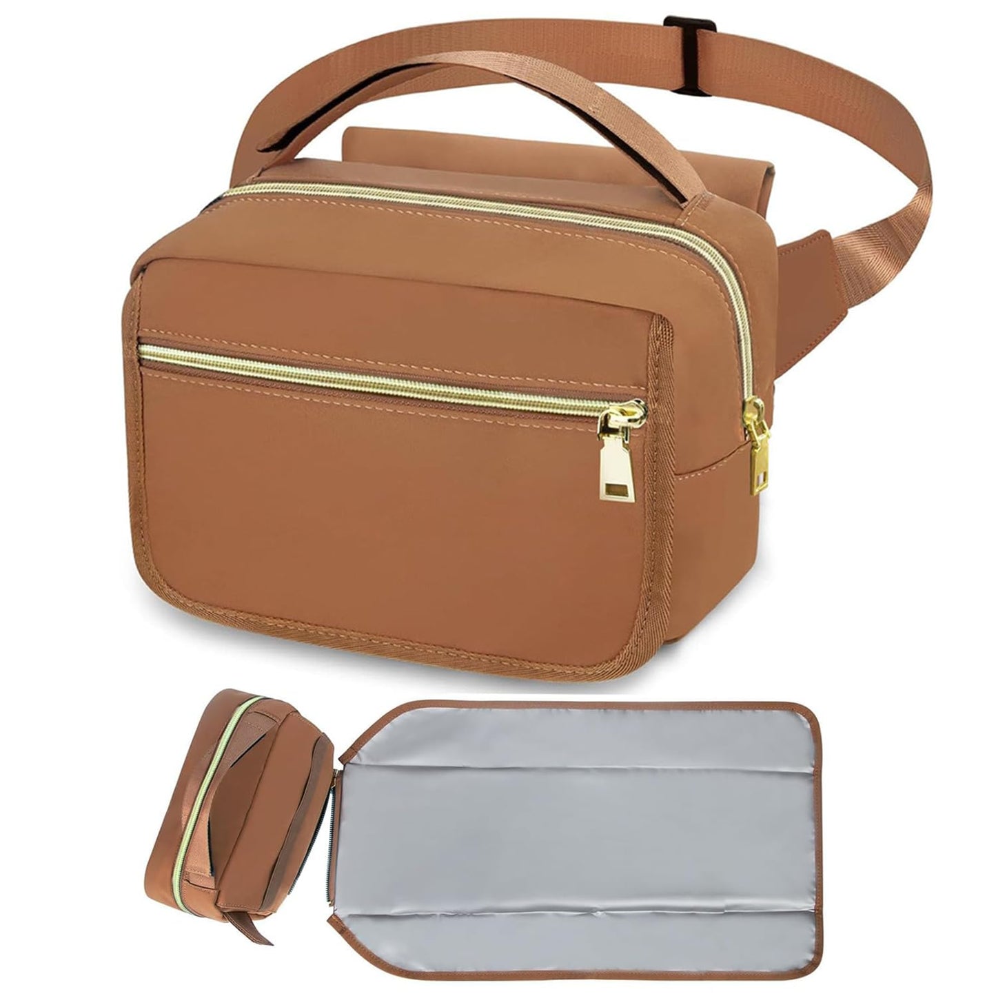 printe Small Diaper Bag with Portable Changing Pad, Crossbody Diaper Pack with Wipes Pocket, Women Waist Bag for Stroller Travel, Brown Large