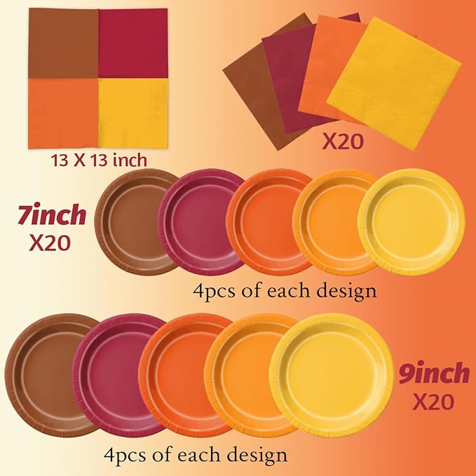 CMUSKO 60Pcs Fall Plates and Napkins-Red Orange Yellow Autumn Disposable Tableware for Fall Wedding, Bridal Shower, Thanksgiving