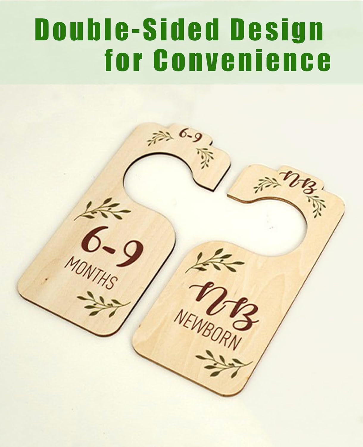 Closet Dividers for Baby Clothes, Wooden Double-Sided Hangers With Size Dividers, Organizer From Newborn to Toddler for Nursery Decor (Leaf)