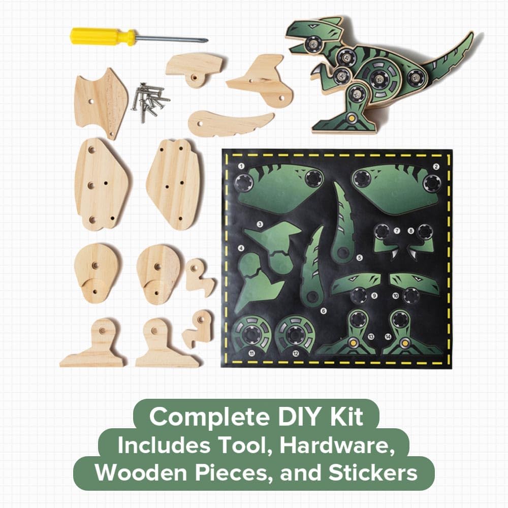 Little Jupiter DIY Wooden Kit with Stickers - Dinosaur Toys for Kids for 7-12 Yrs - Dinosaur Toy Woodworking Kits - Wood Crafts - Kids Building Kit - Wooden Crafts (T-Rex)