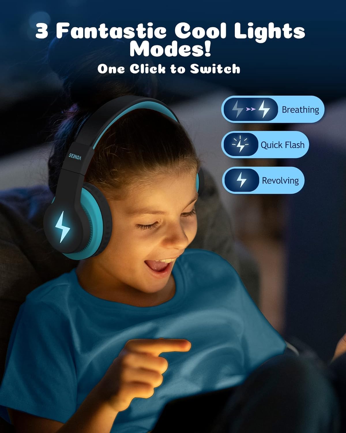 seenda Kids Bluetooth Headphones Boys, Kids Wireless Headphones with 85/94dB Volume Limited, 45H Playtime, 3 Lighting Modes, Built-in Mic, Over Ear Headset with Aux Cord for iPad/Tablet/Travel/School