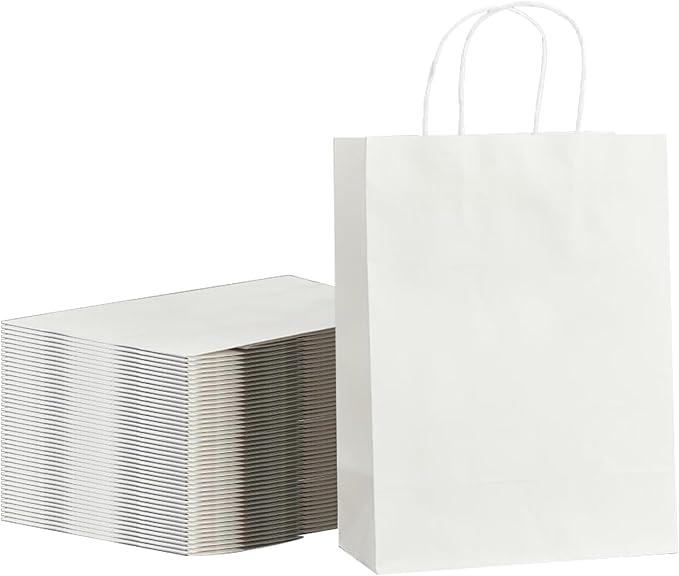 METAPRINT 100 Pack Paper Gift Bags with Handles in Bulk, 5.8x3.2x8.25 Inch Small White Kraft Paper Bag for Birthday Party Favors Grocery Retail Shopping Business Goody
