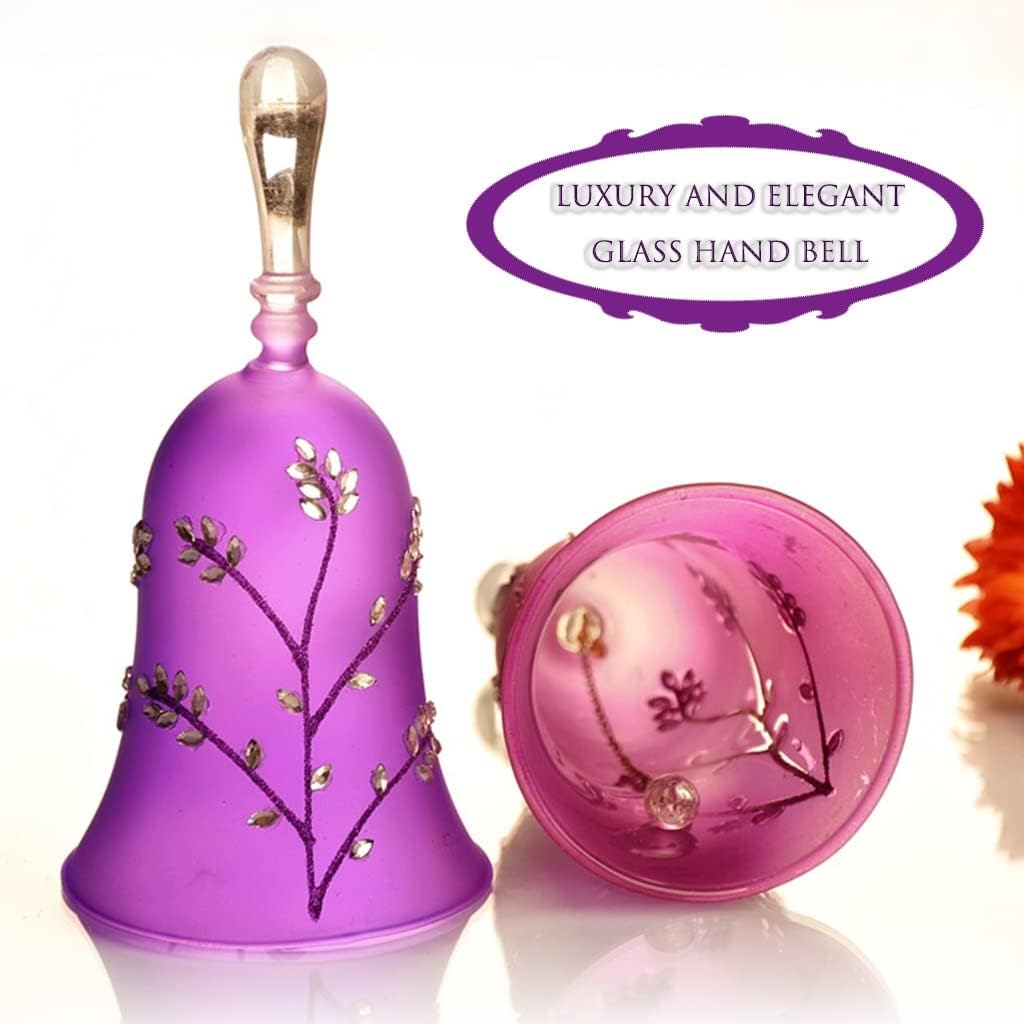 Handbell Set for Church Ornate and Elegant Leaf-Shaped Trim Handheld Bell, Home Kitchen Dinner Call Dinner Bell, Crisp Glass Collision Sound (Color : Purple, Size : 5.9 * 3 inches)