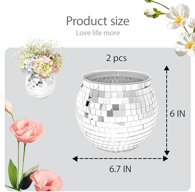 2 Pcs Disco Ball Vases,6" X 6.7" Disco Ball Centerpieces Decor,Silver Mirror Plastic Vase Disco Ball Planter for Wedding,Birthday,Office Table Decorations