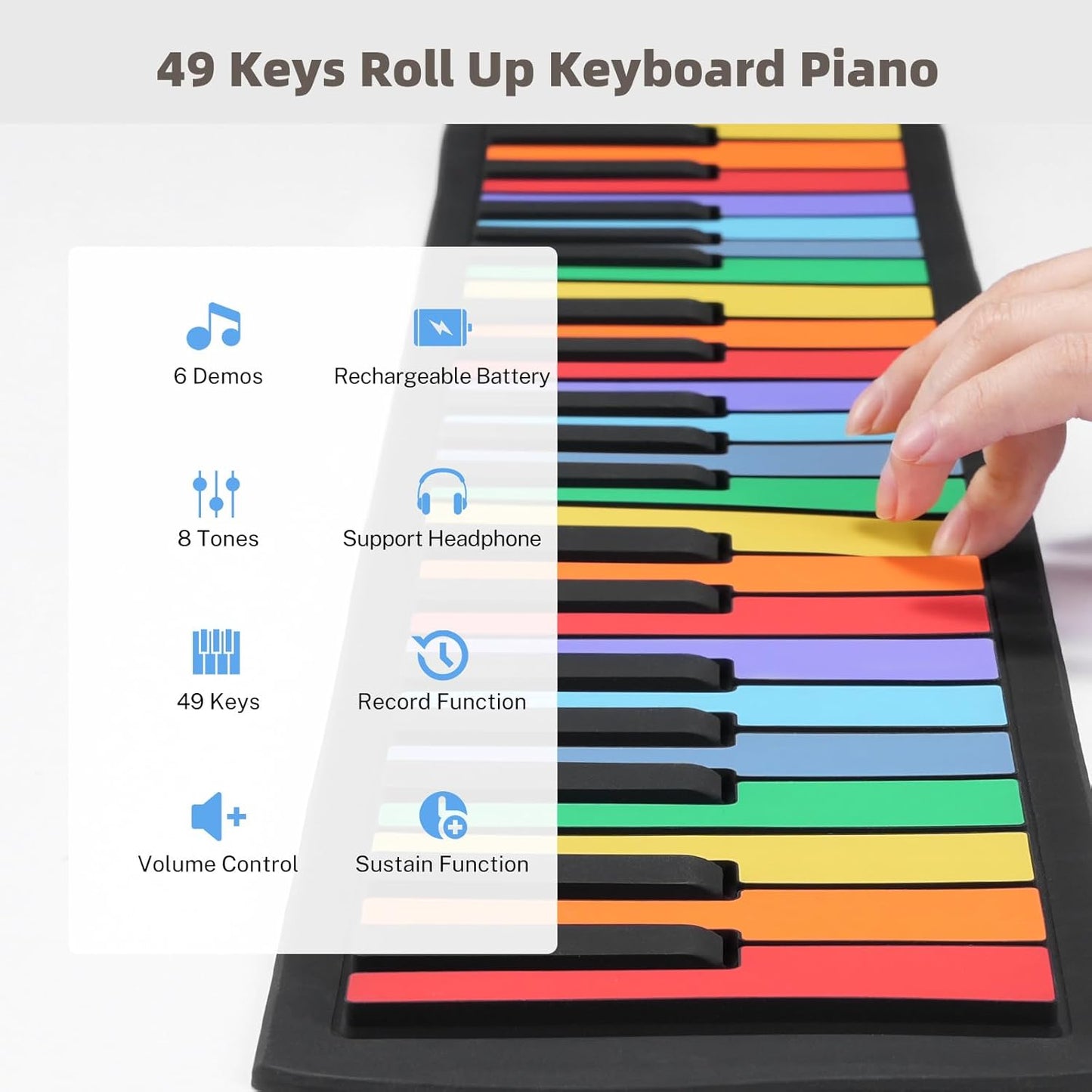 49 Key Roll Up Keyboard Piano, Portable Digital Electric Foldable Piano Keyboard, Rechargeable, 8 Tones, 6 Educational Demo Songs, for Beginners Gift (Rainbow)