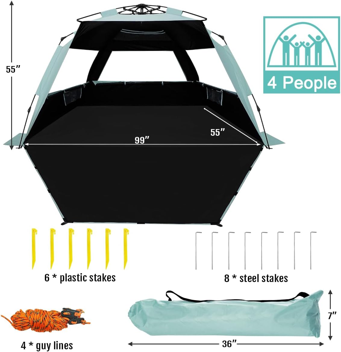 WhiteFang Deluxe Pop Up Beach Tent Sun Shade Shelter for 3-4/5-6 Person, UV Protection, Extendable Floor with 3 Ventilating Windows Plus Carrying Bag, Stakes, and Guy Lines