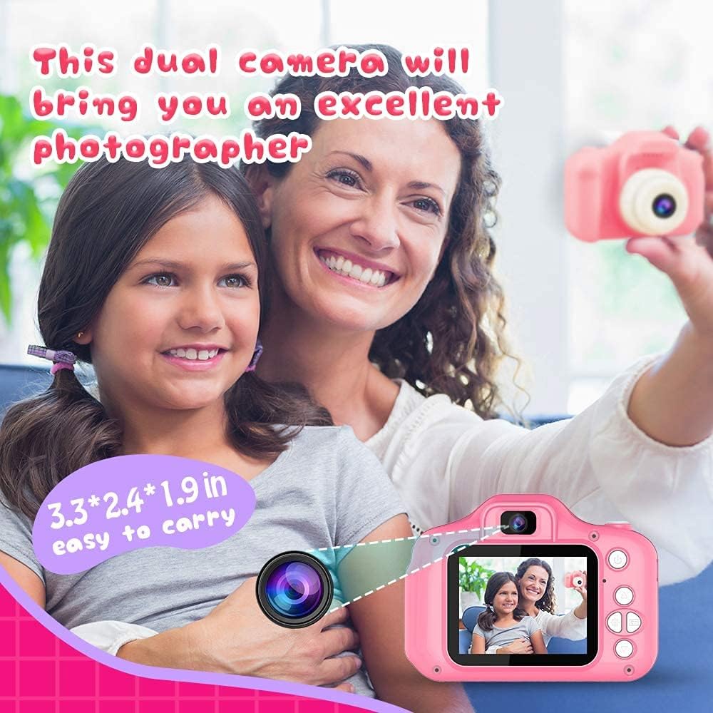Upgrade Kids Selfie Camera, Christmas Birthday Gifts for Girls Age 3-9, HD Digital Video Cameras for Toddler, Portable Toy for 3 4 5 6 7 8 Year Old Girl with 32GB SD Card (Pink
