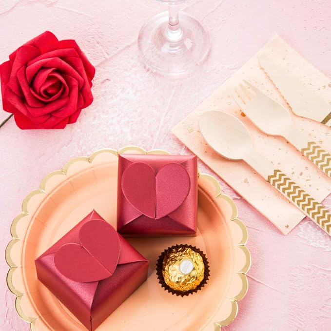 AWELL Burgundy Favor Box Bulk 2.5x2x2.5 inches with Heart Bow Party Favor Box,Burgundy,Pack of 50