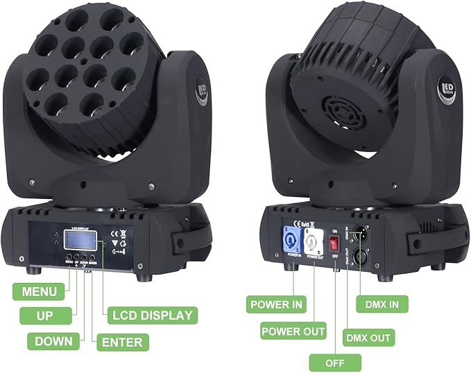 Moving Head Light Beam Wash 12x12W LED Stage Lighting RGBW 4in1 Professional DMX 512 Strobe Effect Sound Activated DJ Lights for DJ Night Clubs Disco KTV Bar Show (1 Pack)