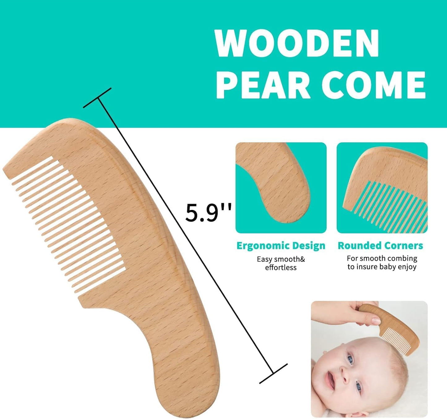 Goat Baby Hair Brush Set, Wooden Comb Massage Scalp Comb, Safe Natural Hair Care Kit, Soft Silicone Bath Brush for Newborns Toddlers (Brush Set+ Green Massager)